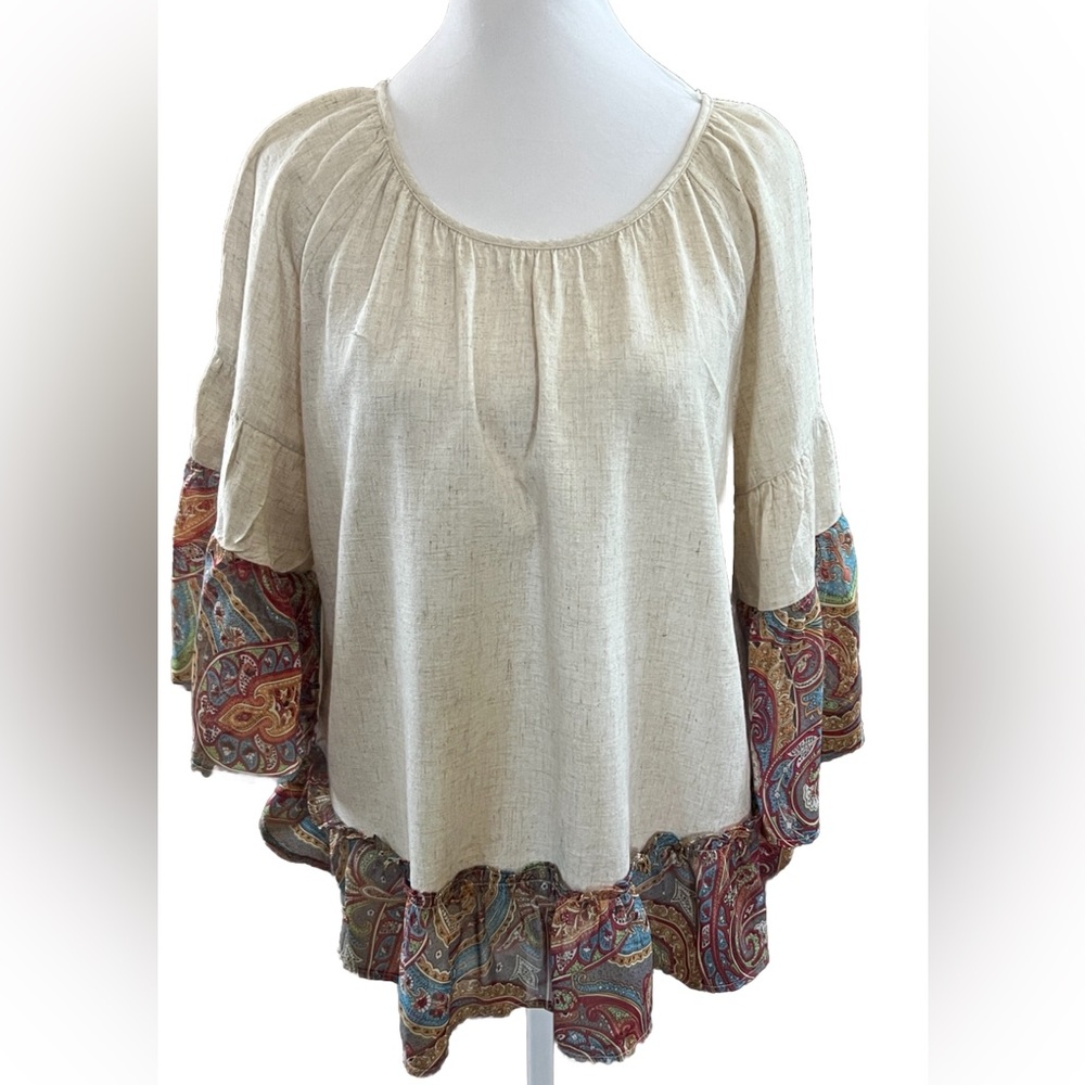 UMGEE Cream Linen Boho Blouse With Flouncy Paisley Scarf Fabric Size Small